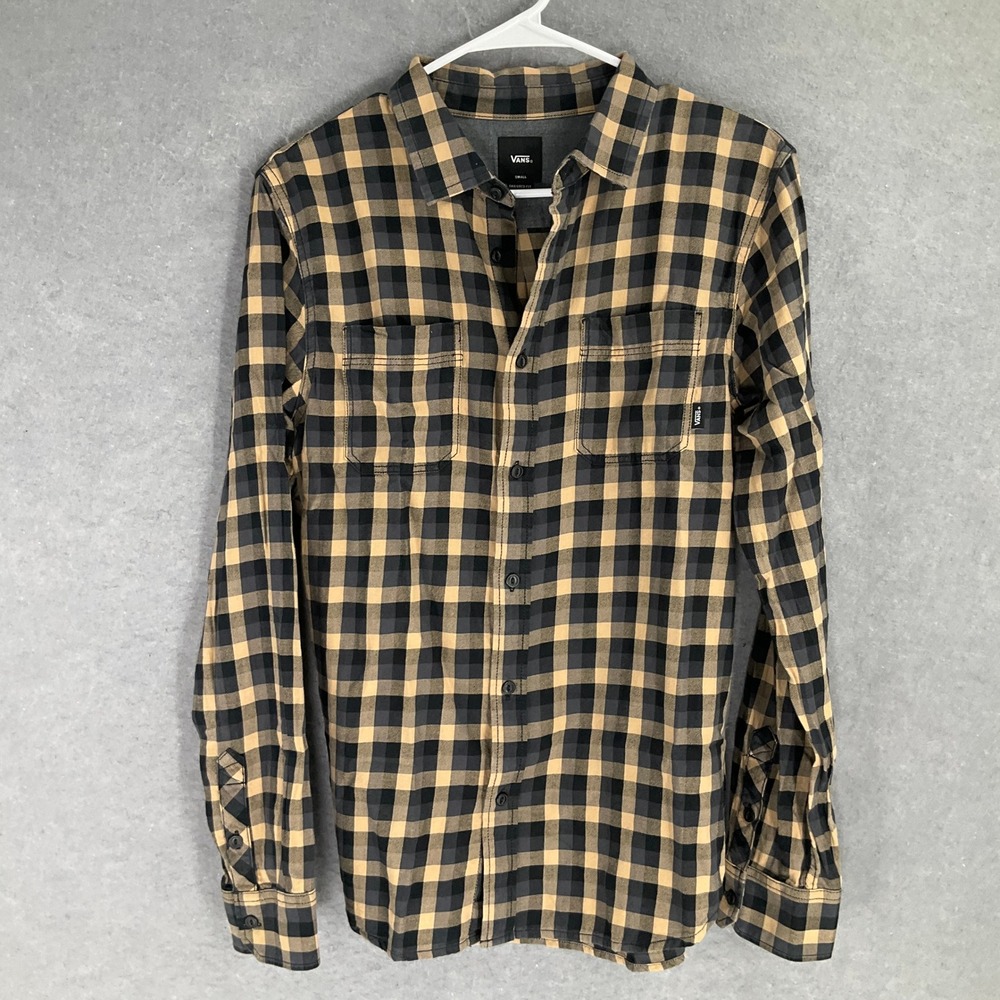 Vans Plaid Flannel Shirt Mens Sz‎ S Long Sleeve Tailored Fit Black Tan